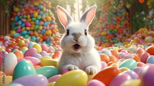 white bunny surrounded by colorful colored eggs.