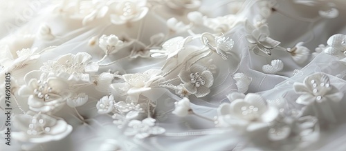 A close-up view of a white wedding dress featuring intricate floral designs. The delicate flowers add a touch of elegance and beauty to the dress, creating a visually stunning and intricate pattern.