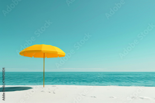 a yellow umbrella sitting on top of a sandy beach under a blue sky. generative ai photo