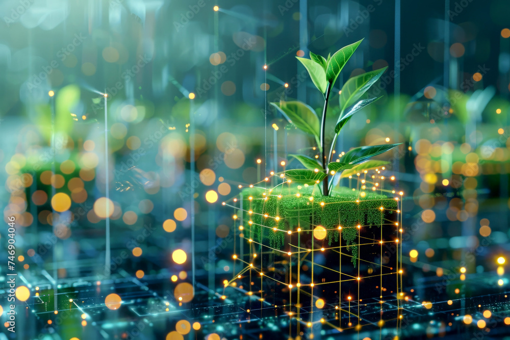 Fototapeta premium Plant growing from the cubic digital AI. Ecology and environment concept.ai generative