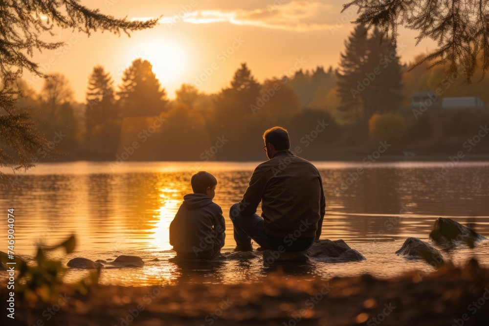 Watercolor clip art of Father and son  fishing  at the peaceful lake , closeness, beauty of nature. Father's day and parenting concept