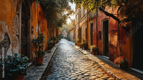 Cozy street in Trastevere, Rome, Europe. Created with generative AI. photo