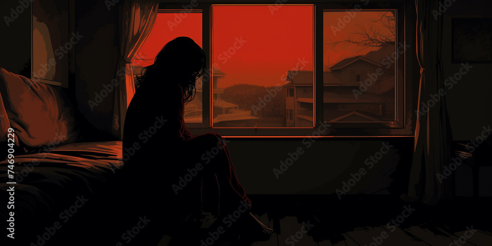 Sad depressed young woman sitting alone in dark room by window illustration Sad depressed young woman sitting alone in dark room by window illustration