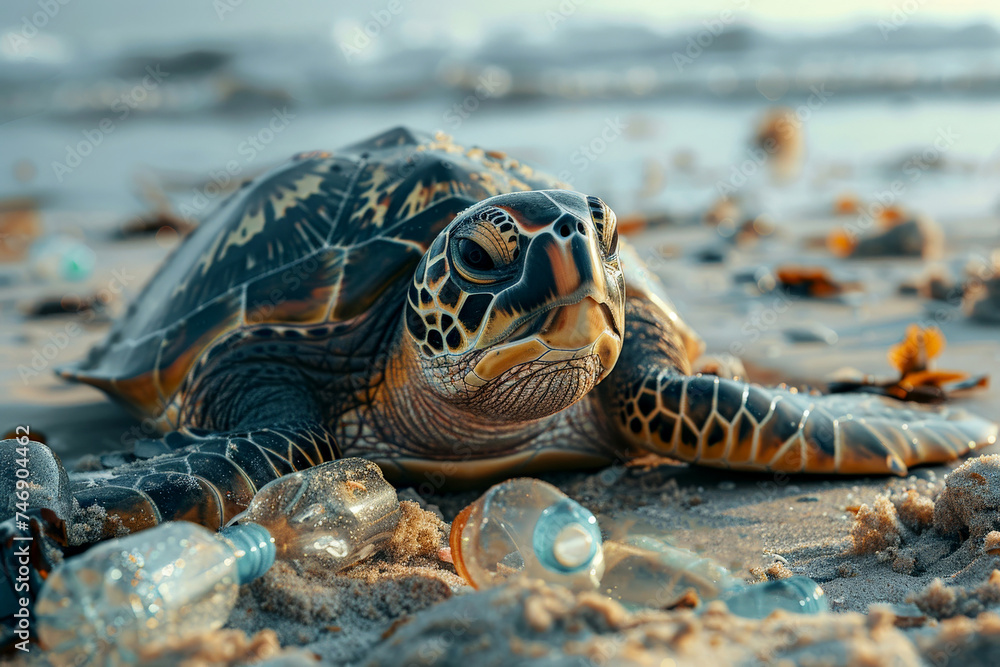 Fototapeta premium turtle diverse plastics looking with a judging face. Sea pollution and contamination concept. Generative AI.