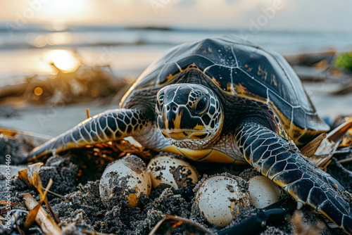 turtles hatch eggs on the beach . Generative AI photo