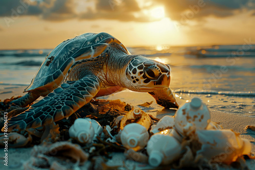 turtle diverse plastics looking with a judging face. Sea pollution and contamination concept. Generative AI. © Phichitpon
