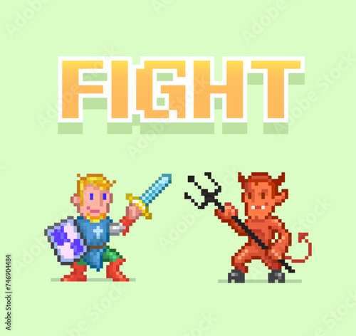 8bit colorful simple vector pixel art illustration of cartoon knight templar with sword and demon with trident in retro video game platformer level style