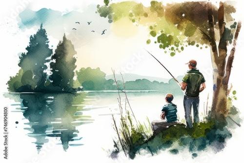 Watercolor clip art of Father and son fishing at the peaceful lake , closeness, beauty of nature. Father's day and parenting concept