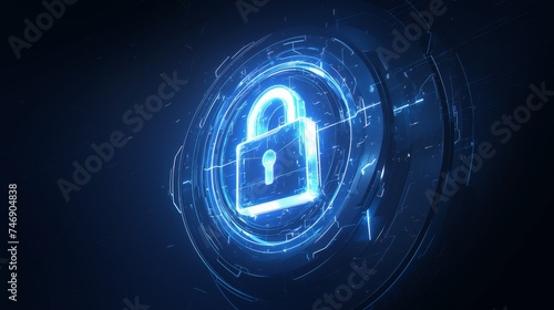 Padlock cyber security technology concept glowing neon light on a dark background