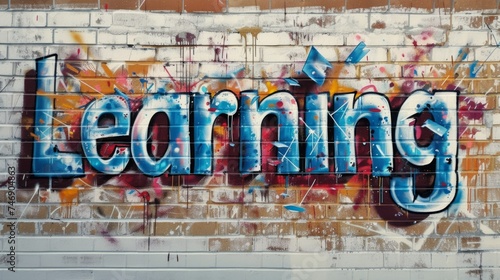 The word Learning isolated on white background made in Graffiti Typography style. Decorative lettering of a word Learning. Creative postcard. Ai Generated Digital art poster.