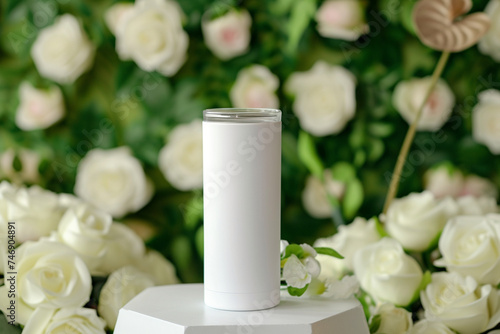 Close-up of a white color 20oz Straight Skinny Tumbler includes lid with a blurred or bokeh White Rose backdrop, Tumbler Mockup
