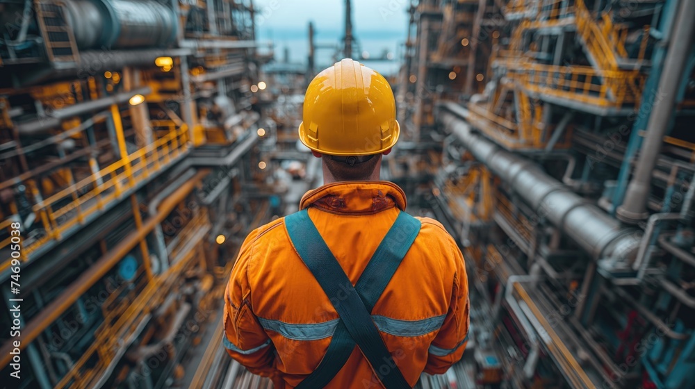 Engineer technician observing team of workers on high steel platform. Created with Generative AI.