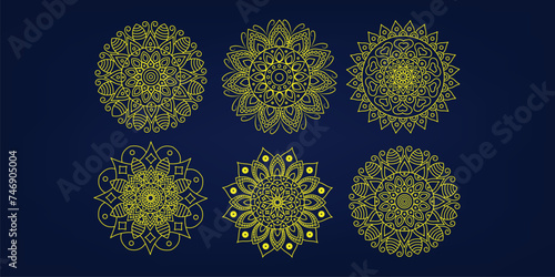 Set of decorative yellow mandala elements, yellow floral pattern