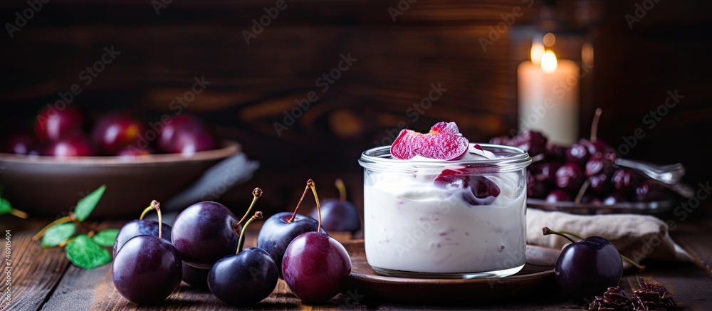 A wooden table is adorned with a bowl filled with an assortment of fresh fruit, including plums, alongside a lit candle. The contrast of colors and textures creates a visually appealing display. A wooden table is adorned with a bowl filled with an assortment of fresh fruit, including plums, alongside a lit candle. The contrast of colors and textures creates a visually appealing display.