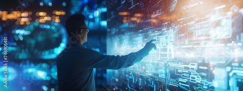 a man is in front of a hologram computer 4K	