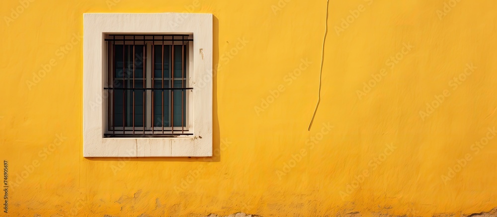 A yellow wall with a single white window and metal bars covering it. The wall appears weathered and the bars give a sense of security or confinement. The contrast between the bright yellow and stark