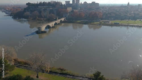 Drone video of Avignon Bridge and Chateauneuf du Pape in France. Rhone river
 photo