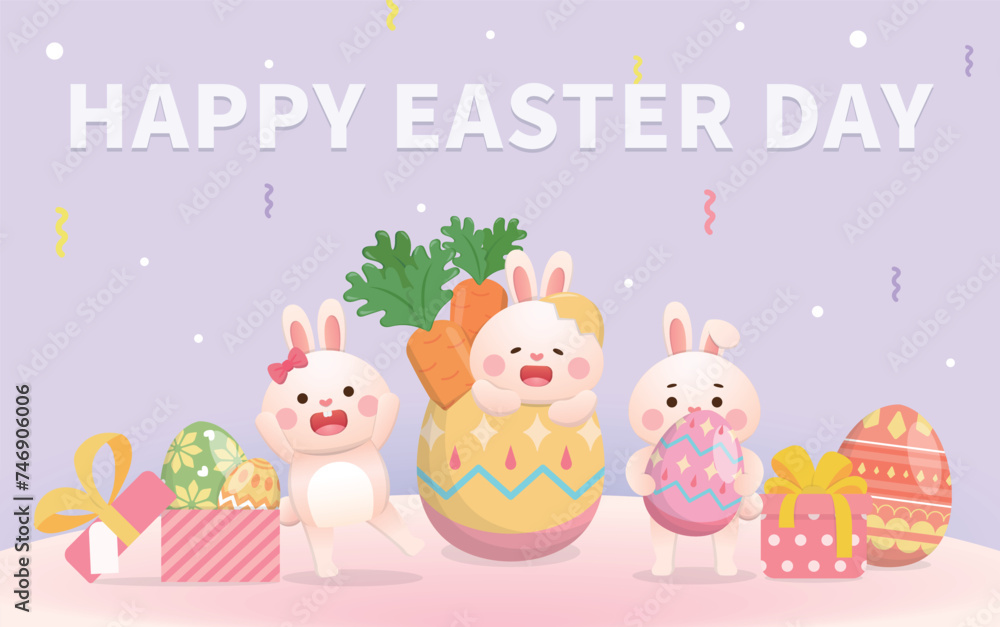 Fototapeta premium Painted egg with gift box, cute playful rabbit celebrating Easter, traditional religious event, vector illustration, greeting card or poster
