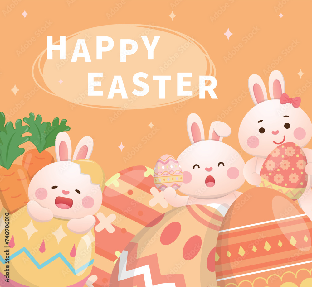 Western Easter elements, playful and cute rabbit and painted eggs, traditional religious activities, vector poster or greeting card Western Easter elements, playful and cute rabbit and painted eggs, traditional religious activities, vector poster or greeting card