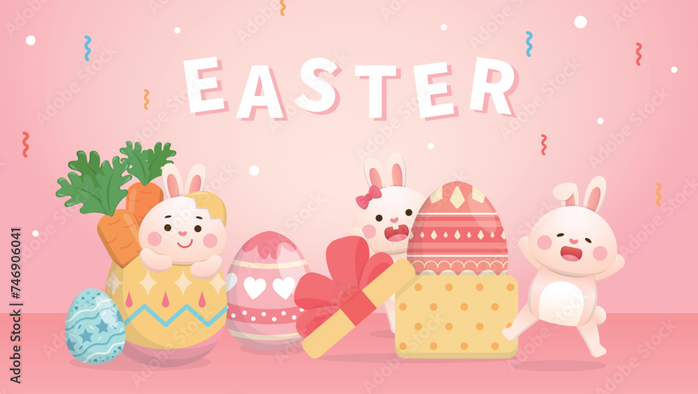 Western Easter elements, playful and cute rabbit and painted eggs, traditional religious activities, vector poster or greeting card Western Easter elements, playful and cute rabbit and painted eggs, traditional religious activities, vector poster or greeting card