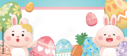 Western Easter elements, cute rabbit and painted eggs, traditional religious activities, vector poster