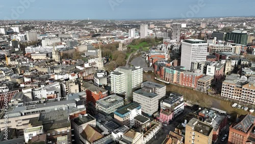 Bristol city centre UK rising drone,aerial photo