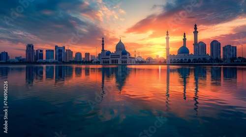 Sharjah Mosque beautiful sunset view second biggest mosque in United Arab Emirates beautiful traditional Islamic architecture new tourist attraction in Middle east photo