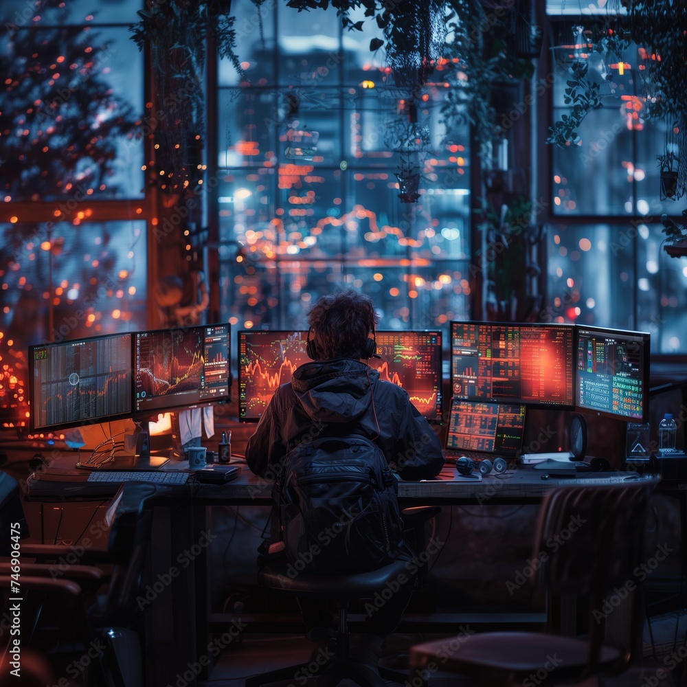 photo of back successful investor working at computer, stock market chart displayed on screen, multiple other screens showing cryptocurrency charts, night city view