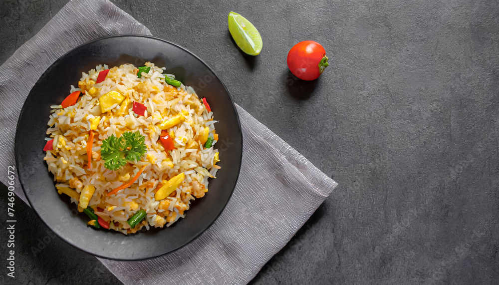 Fried rice. top view of Fried rice with egg, tomato, and carrot. copy space, healthy food, stir fry dish