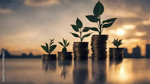 A plant growing out of a pile of coins. Generative ai, Money coin stack growing graph investment. Business Finance Save Money, green sapling growing out of a pile of golden coins. photo
