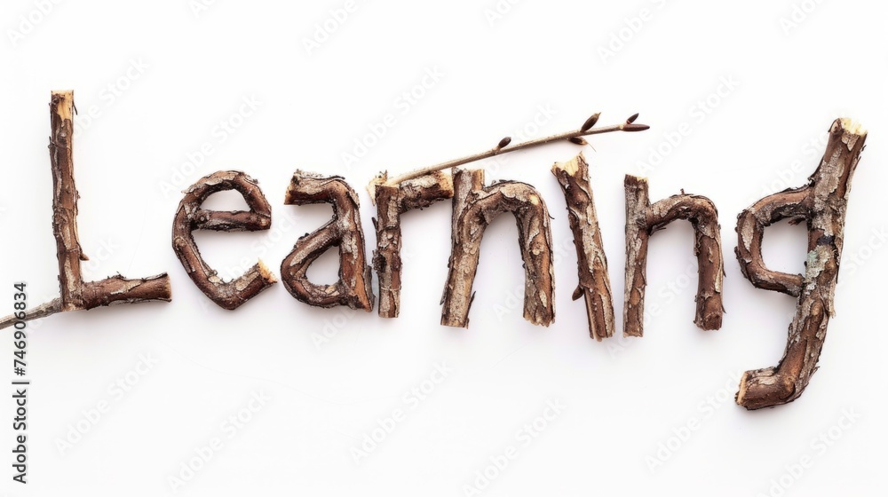 The word Learning isolated on white background made in Oak Twig Letters style. Decorative lettering of a word Learning. Creative postcard. Ai Generated Digital art poster. The word Learning isolated on white background made in Oak Twig Letters style. Decorative lettering of a word Learning. Creative postcard. Ai Generated Digital art poster.