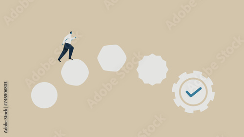 The man runs on the changing shapes. The circle changes and becomes a gear.