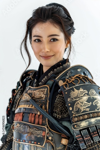 Japanese tradition and beauty as a graceful figure adorns the formidable armor of a samurai, wielding a majestic katana against a backdrop of profound brightness white background.