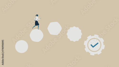 The woman runs on the changing shapes. The circle changes and becomes a gear.