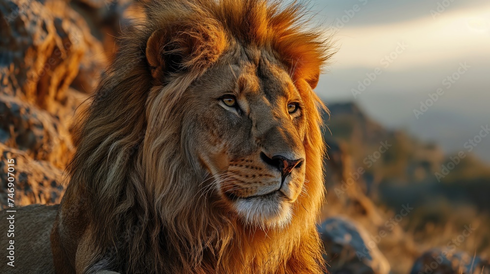 Lion at sunset. Created with generative AI.