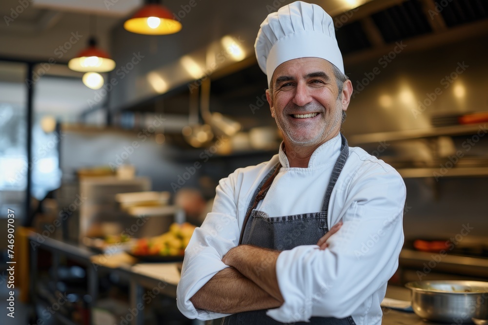 A confident male chef with a beaming smile poses with arms crossed in a well-equipped professional kitchen. A confident male chef with a beaming smile poses with arms crossed in a well-equipped professional kitchen.