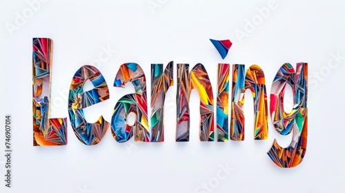 The word Learning isolated on white background made in Paper Mosaic style. Decorative lettering of a word Learning. Creative postcard. Ai Generated Digital art poster.