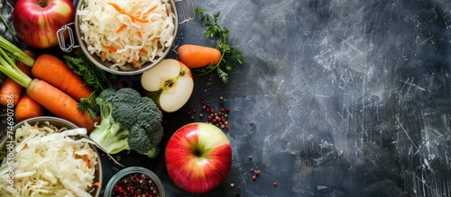 A variety of fresh fruits and vegetables, including apples, carrots, and shredded cabbage, are neatly arranged on a rustic table. These ingredients are likely to be used for healthy eating or photo
