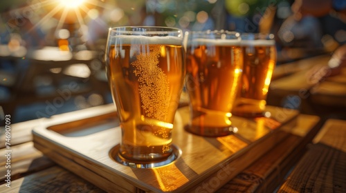 Glasses of beer on wooden tray, sunlight, outdoor setting