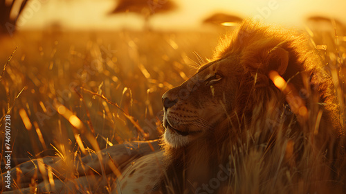 Descanso majestoso de um leão na savana capturado em close com luz dourada e teleobjetiva de 200mm photo