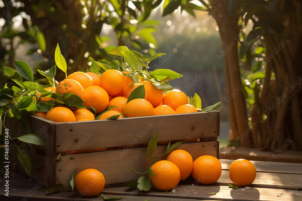 Freshly Harvested Oranges in Wooden Crate at Sunset. Citrus Fruits Agriculture and Farming Concept