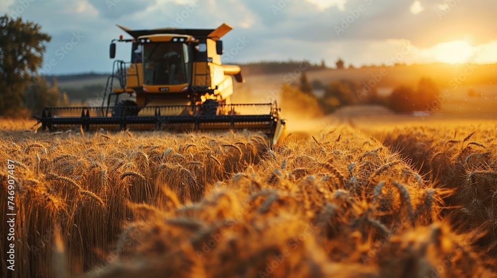 Fototapeta premium The combine harvests ripe wheat. Ripe ears of golden field at sunset. Created with generative AI.