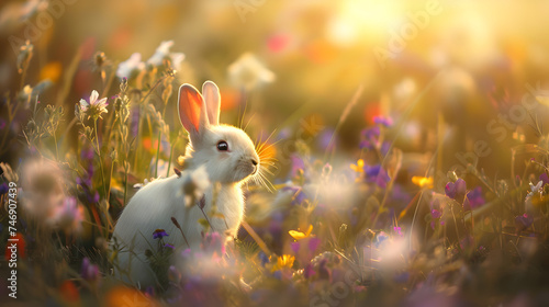 Coelho branco em campo florido close up com lente 50mm focando nos olhos do coelho photo