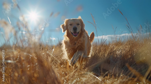 Retriever dourado correndo por campo gramado capturado em close com luz suave iluminando sua pelagem