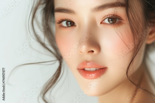 High-resolution image capturing the delicate beauty of a young woman's face with detailed makeup and soft, flowing hair.