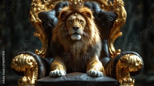 Royal lion sitting on a throne. Created with Generative AI.