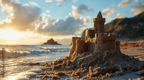 Sandcastle on the sea in summertime. Created with Generative AI.