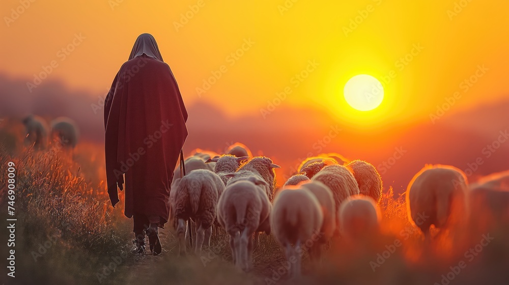 a shepherd guiding his flock of sheep. Created with Generative AI. - obrazy, fototapety, plakaty 