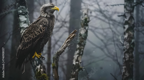 Águia careca majestosa em foco perfeito sobre galho destacada por fundo borrado da floresta photo