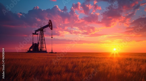 sunset in an oil field. Created with Generative AI.